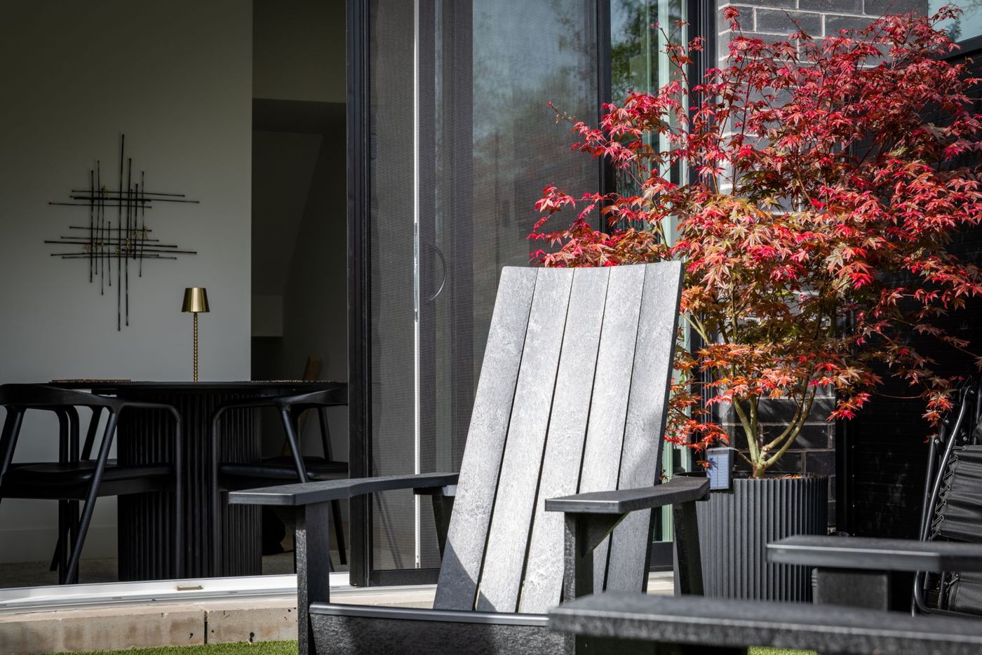 Charcoal slatted Adirondack chair beside a red-leaved Japanese maple in a black planter, with sliding glass doors behind
